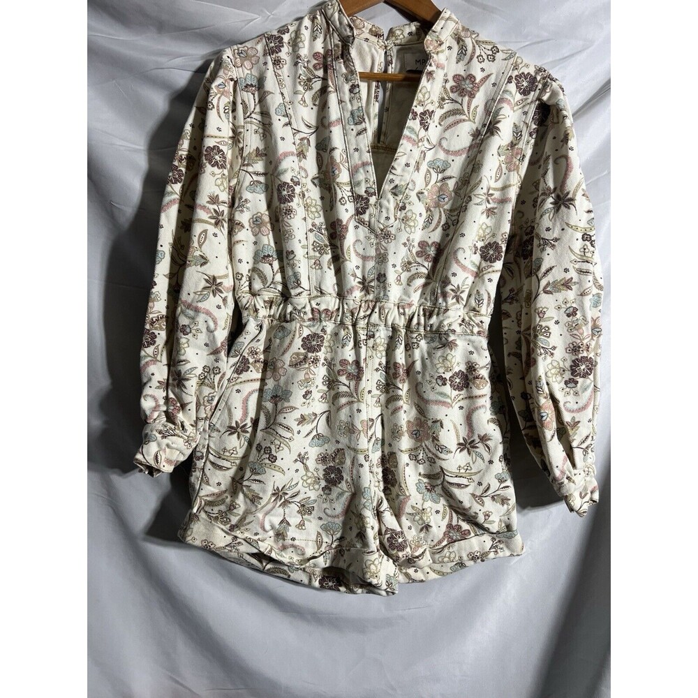 MPD Floral Denim Twill Romper S Pockets Elastic Waistband Cottagecore